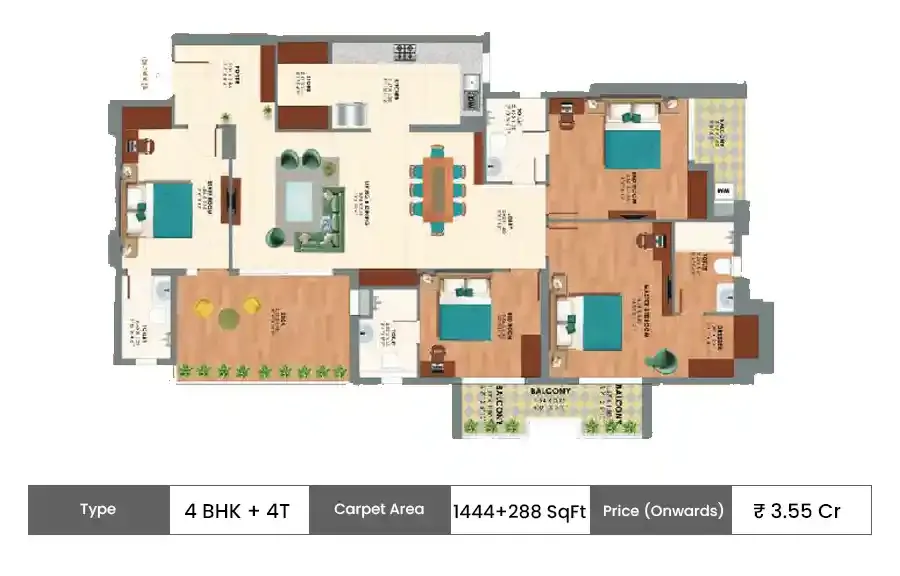 Ashiana Amarah 4 BHK + 4T floor plan, 1444 sq ft saleable area