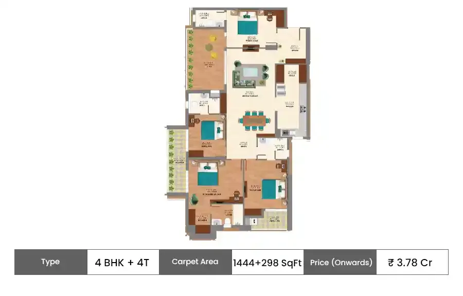 Ashiana Amarah 4 BHK + 4T floor plan, 1444 sq ft saleable area