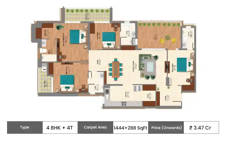 Ashiana Amarah 4 BHK + 4T floor plan, 1444 sq ft saleable area